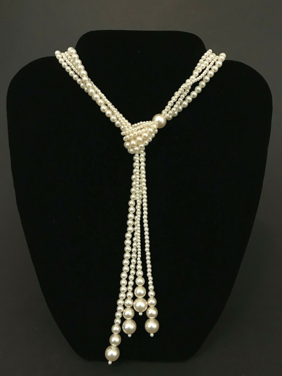 Stunning 4-Strand Multi Size Faux Pearls Adjustable Wrap Tassel Lariat Necklace