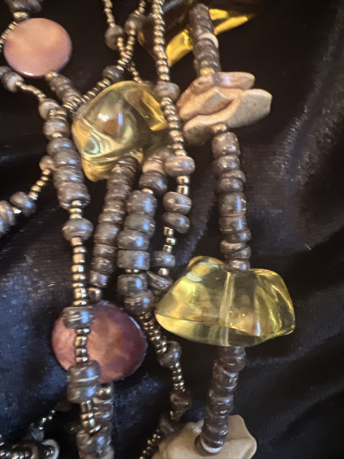 1946 Brand Brown Gold Color Lucite MOP And Wood Bead Multilayer Necklace Vtg