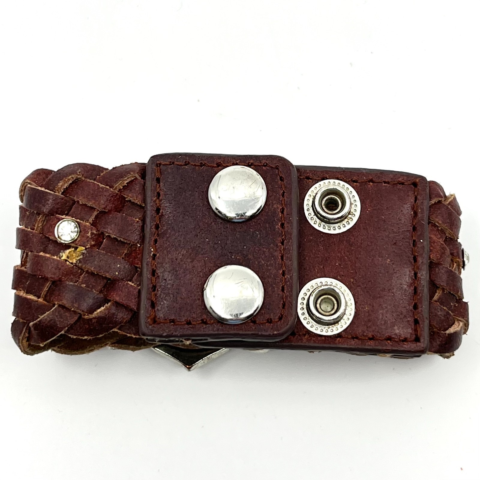 Vintage Y2K Brown Braided Leather Rhinestone Flower Cuff Bracelet Boho Retro