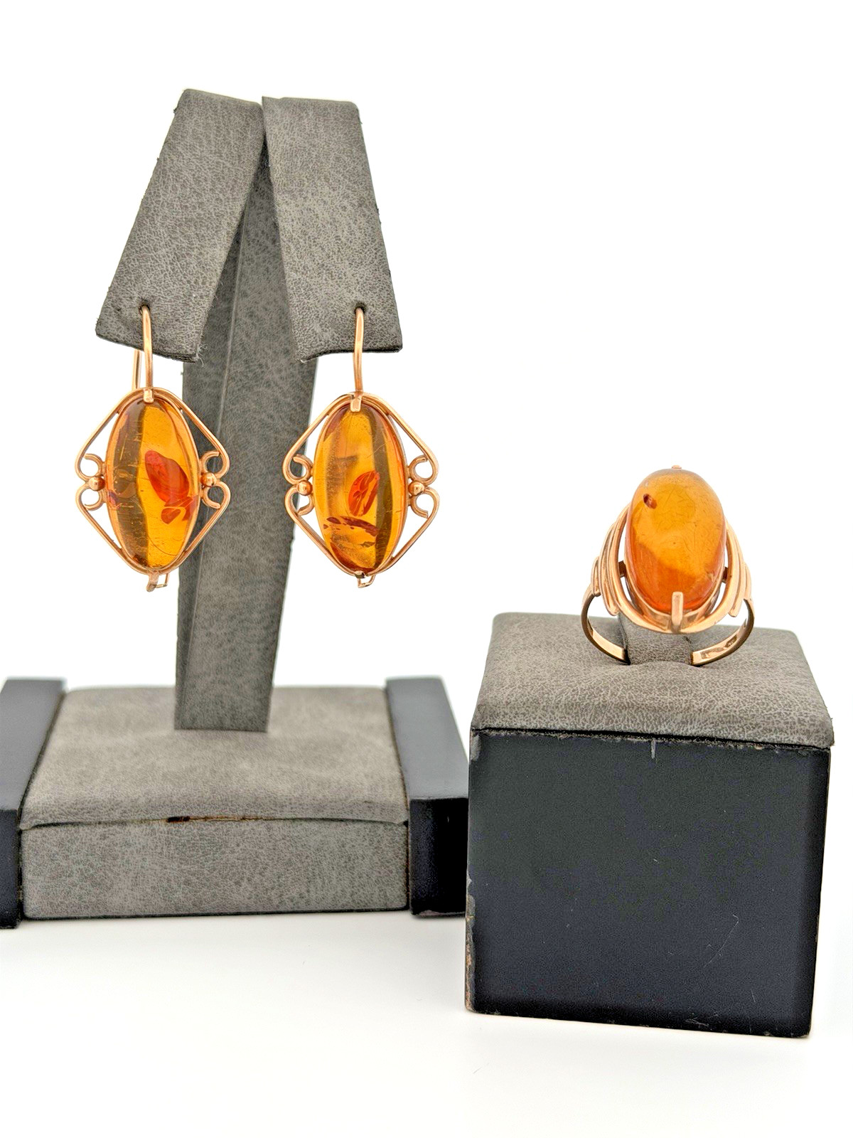 Vintage Russia 14K 585 Rose Pink Gold Honey Amber Earrings And Ring Set