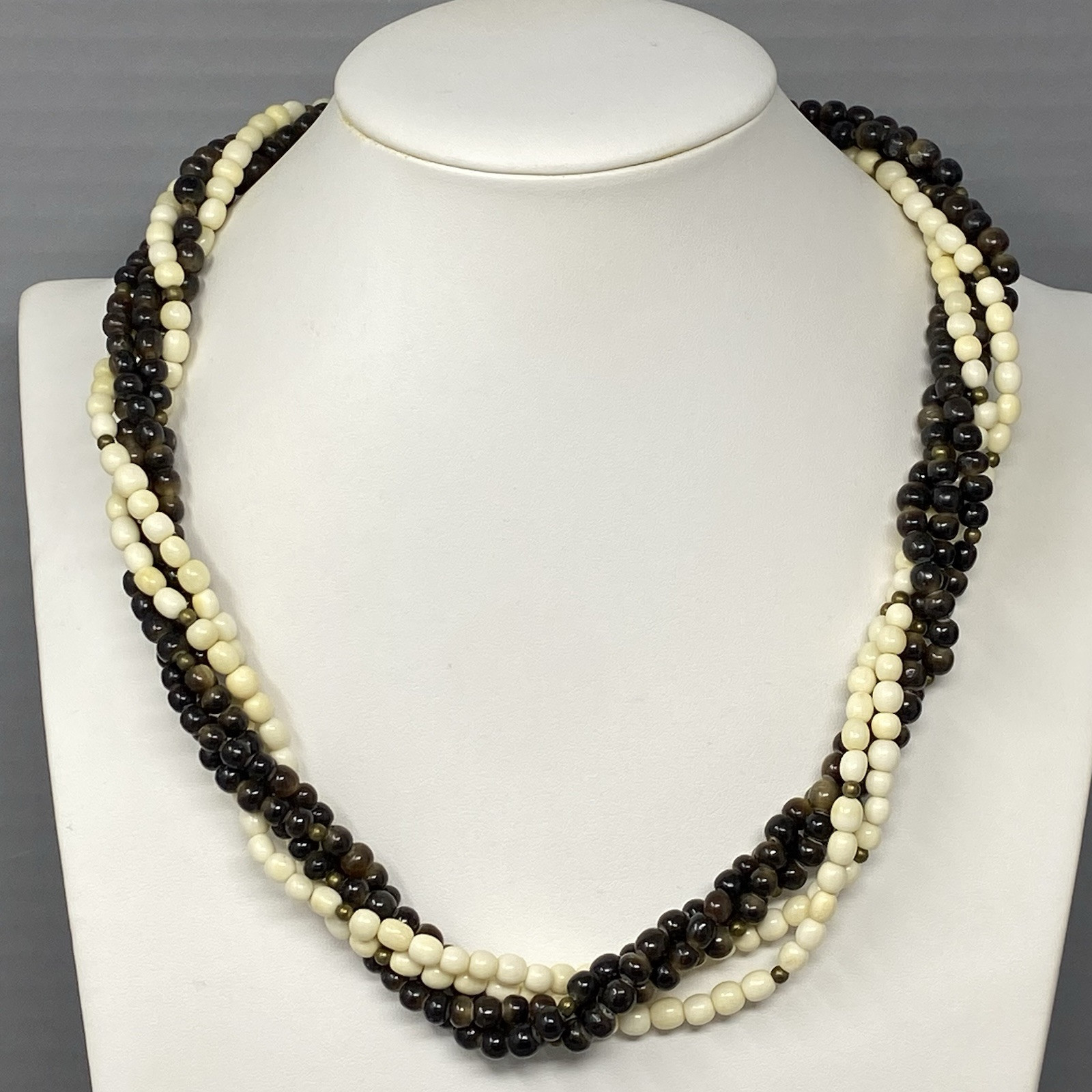 Torsade Twist Necklace Brown White Beads Glass Shell Beach Bohemian Collar 22″