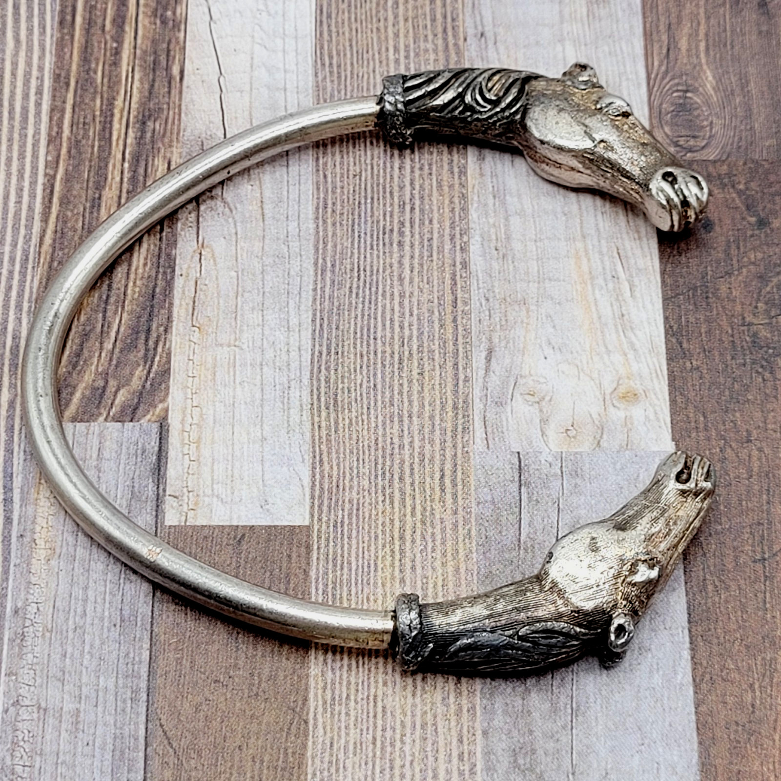 Double Horse Head Pewter Plated Copper w Patina Vintage 70s Torque Cuff Bracelet