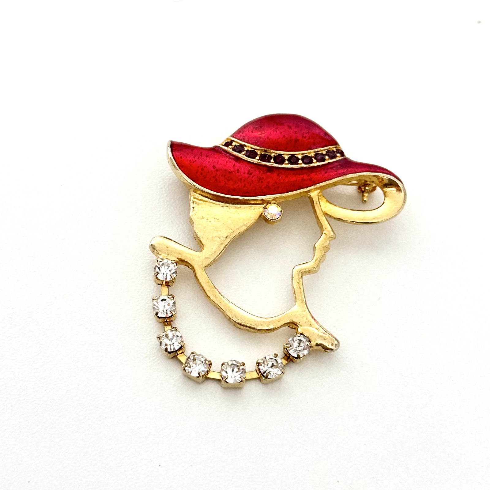 Vintage Gold Tone Lady Red Enamel Hat Bonnet Clear Purple Rhinestone Brooch Pin