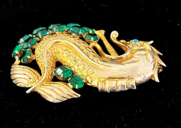 RARE VTG FRED BLOCK Gold Wash Sterling Green Stone SEA MONSTER Pin Brooch 31.8G
