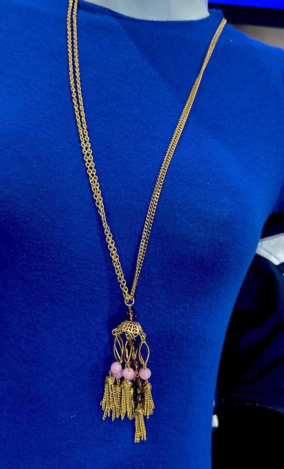 NOS Necklace Gold Plate Chain Multi Mini Chain Tassels wPink beads ornate unique