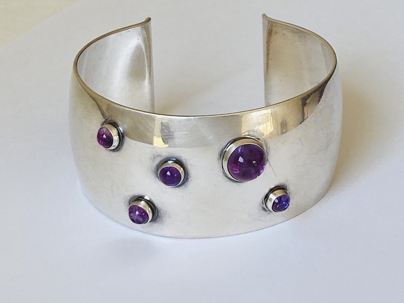 Heavy Vintage N E FROM Denmark Sterling Silver Amethyst Modernist Cuff Bracelet