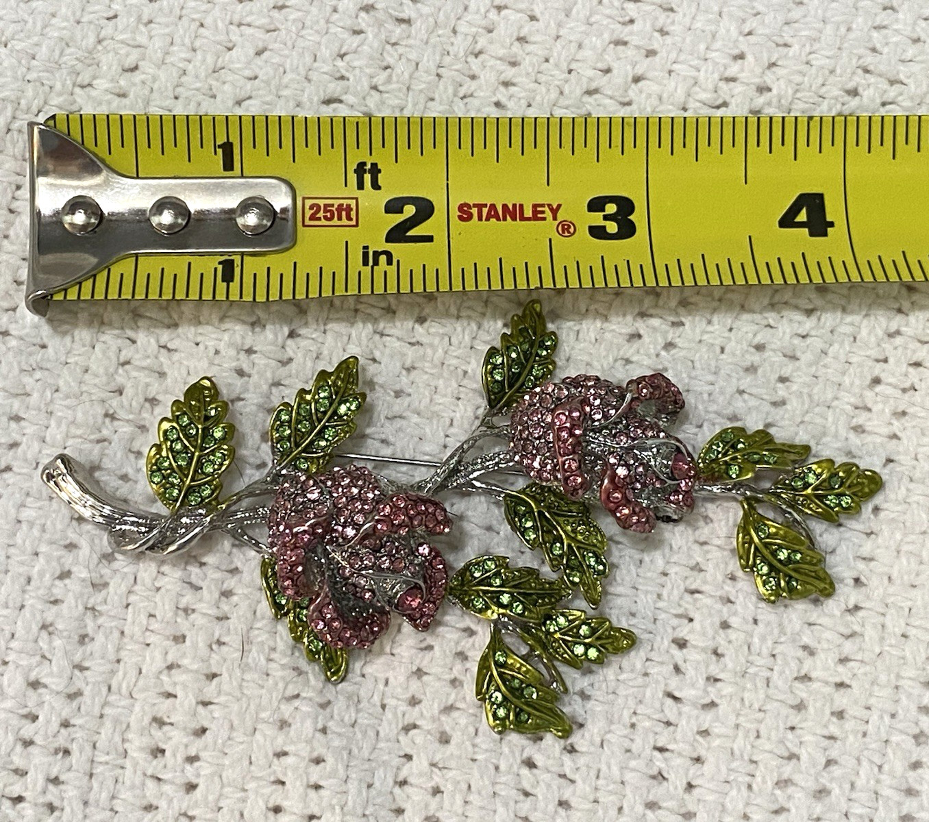 Stunning Large Vintage Pink And Green Sparkling Stones Flower Brooch