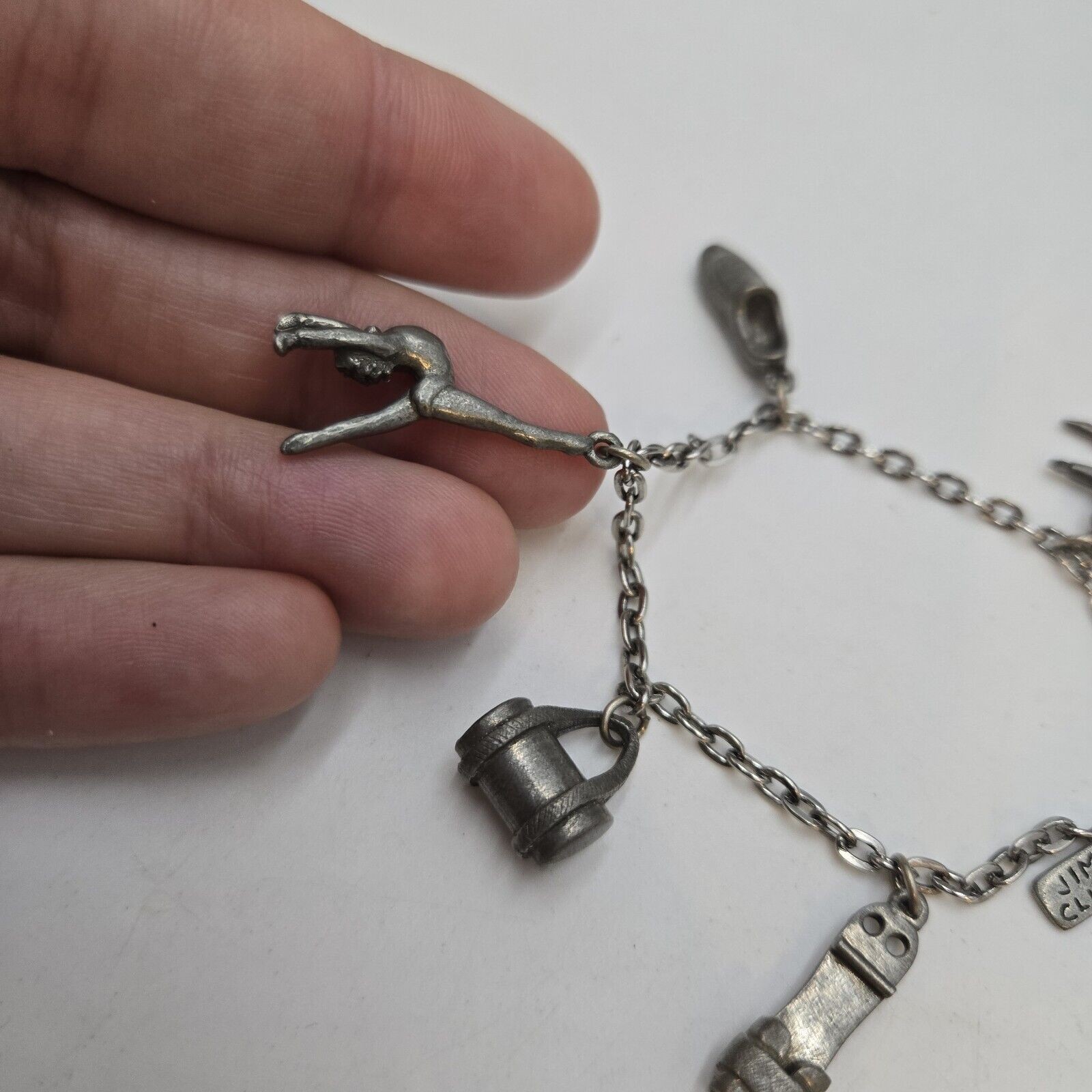 Vintage Jim Clift Pewter Charm Bracelet with gymnastics Theme 5 Charms