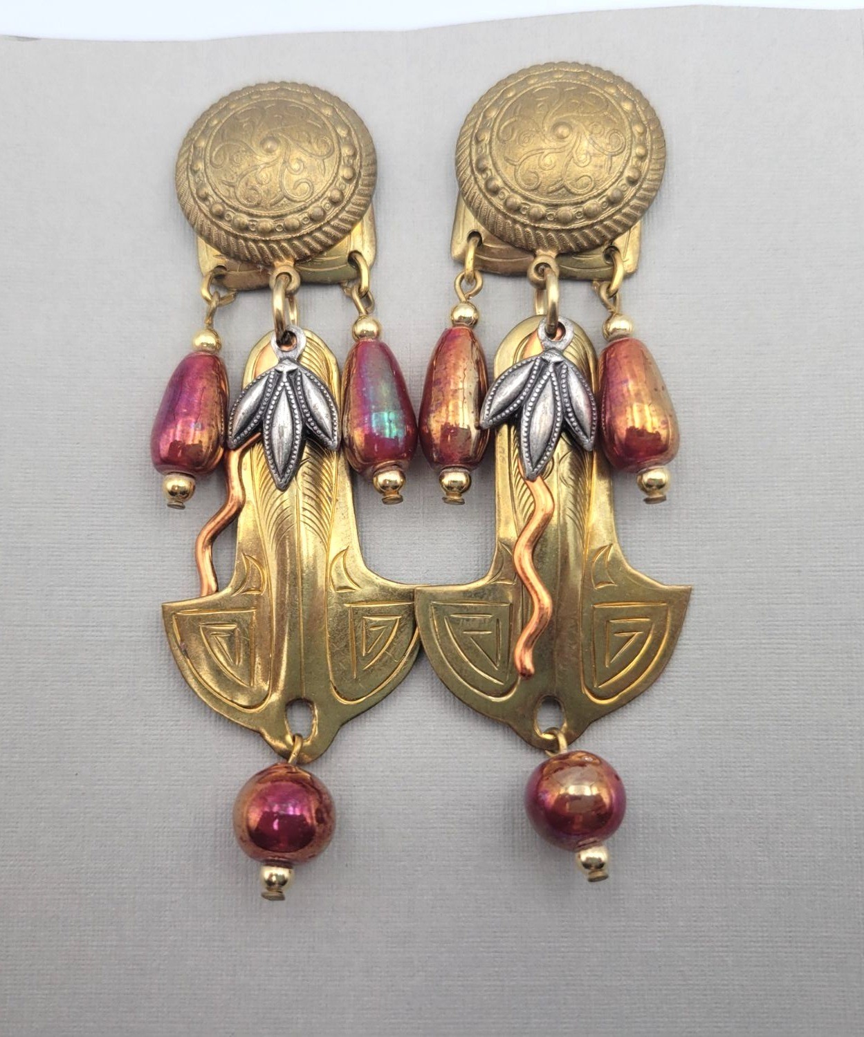 John Michael Richardson “Arabian Nights” Dangle Drop Earrings Brass Copper Glass