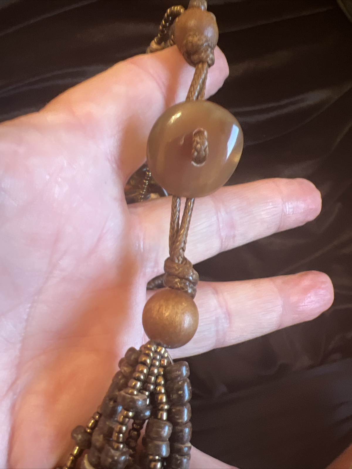 1946 Brand Brown Gold Color Lucite MOP And Wood Bead Multilayer Necklace Vtg