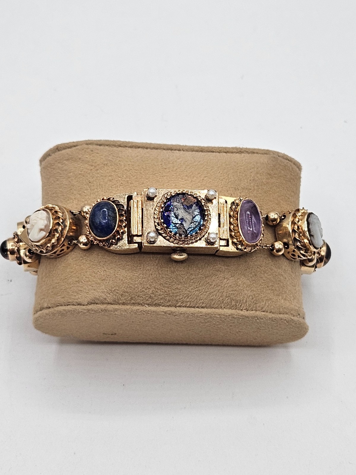 Stunning 14k Yellow Gold Slide Charm Omega Gemstone Bracelet Watch
