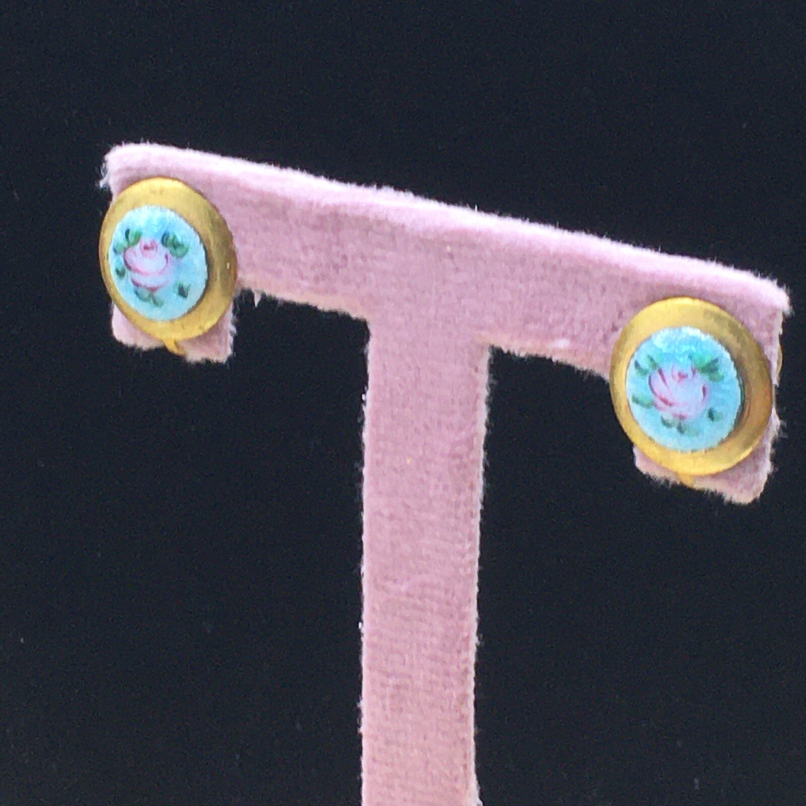 Guilloche Floral Earrings Gold Tone Teal Blue Pink Rose Painted Screw Back .5″