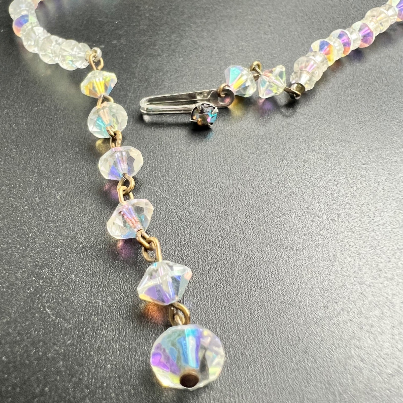 Circa 1950 Aurora Borealis AB Crystal Graduated Bicone Bead Necklace 16-18.5″