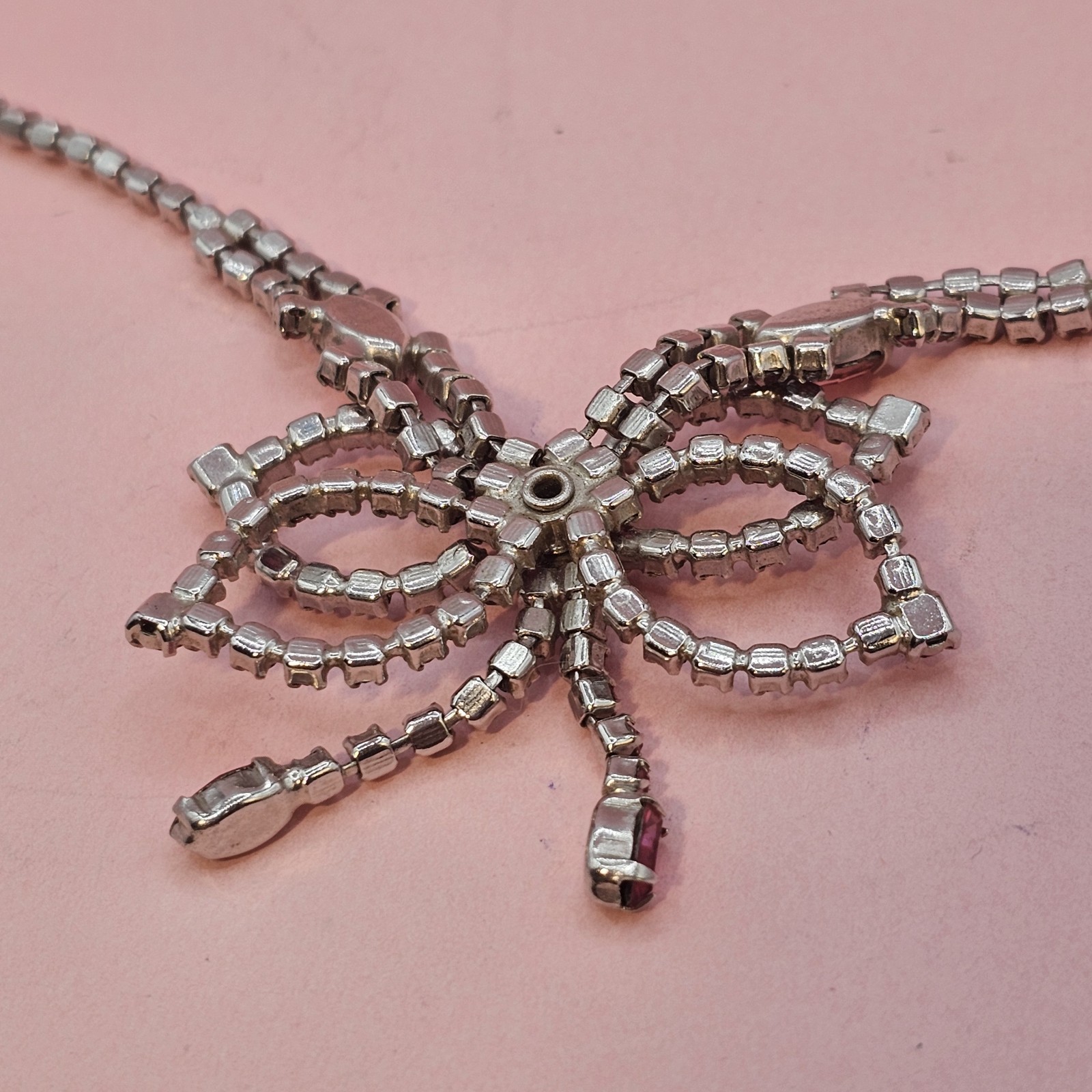 Vintage Pink Rhinestone Necklace Bow Statement Drop Bib Silvertone 1980s Prom