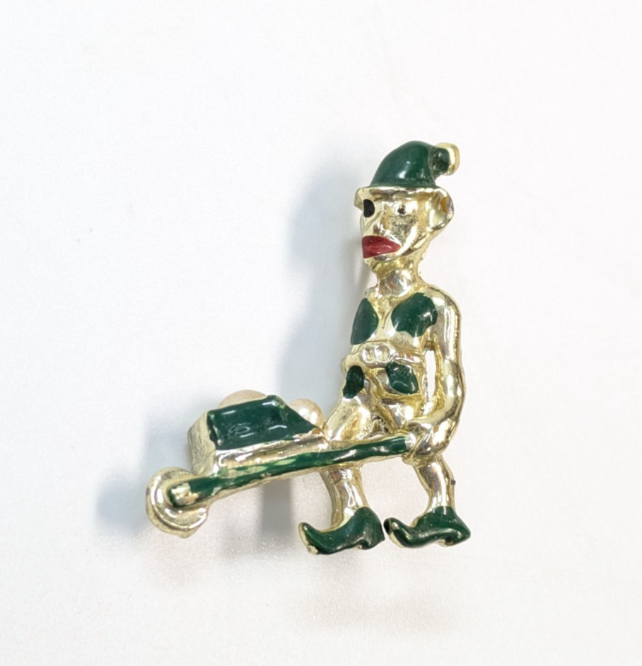 Vintage Gold Tone Leprechaun Elf Wheelbarrow Faux Pearls Green Enamel Pin 1.25″
