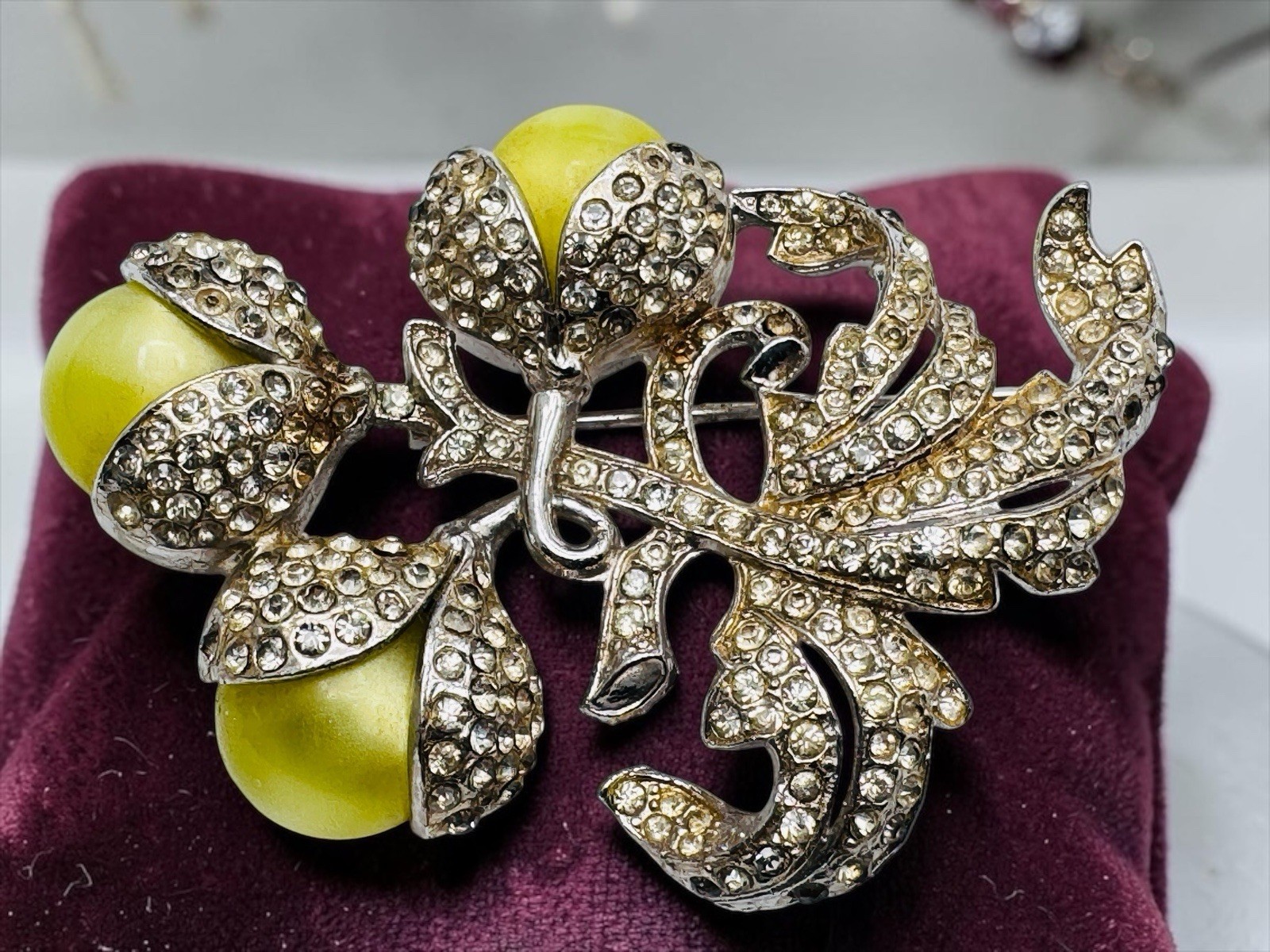 Vintage Coro? Yellow Moonglow Rhinestone Flower Brooch c1940s