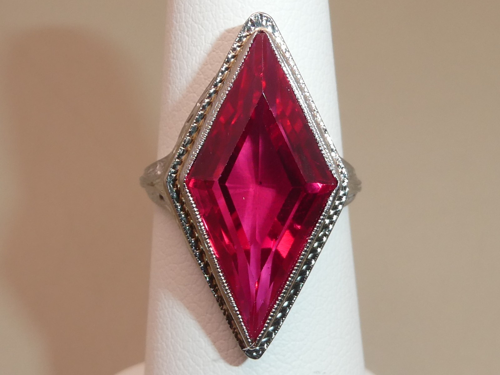 Antique Lozenge Shape of Period Syn. Ruby 18k Filigree Ring Size 5.5. 5.8g L59