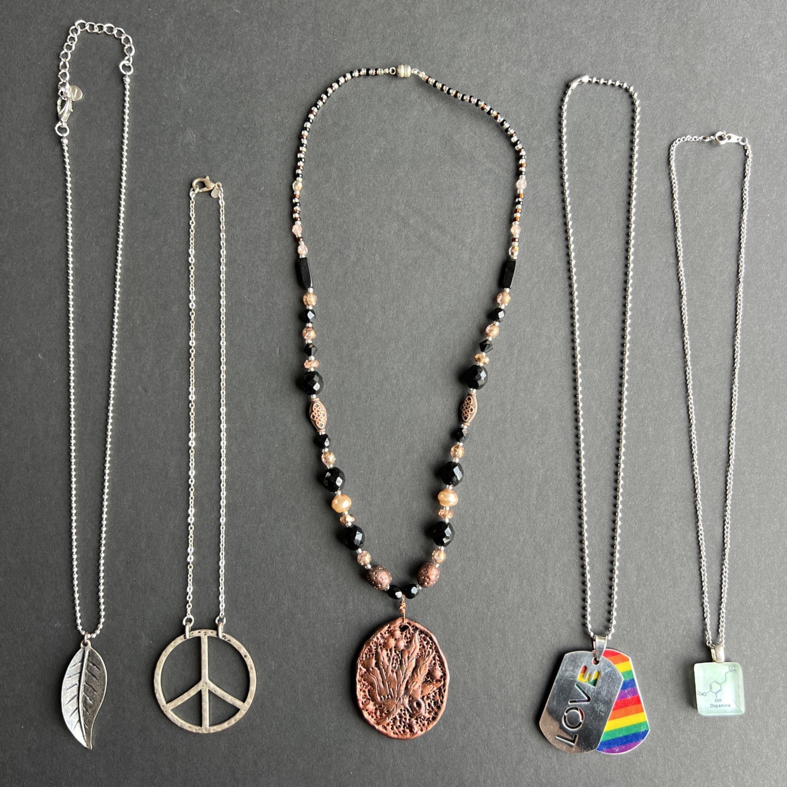 Peace Love Dopamine Weed Leaf Necklaces Vintage Copper Silver Tones Necklace LOT