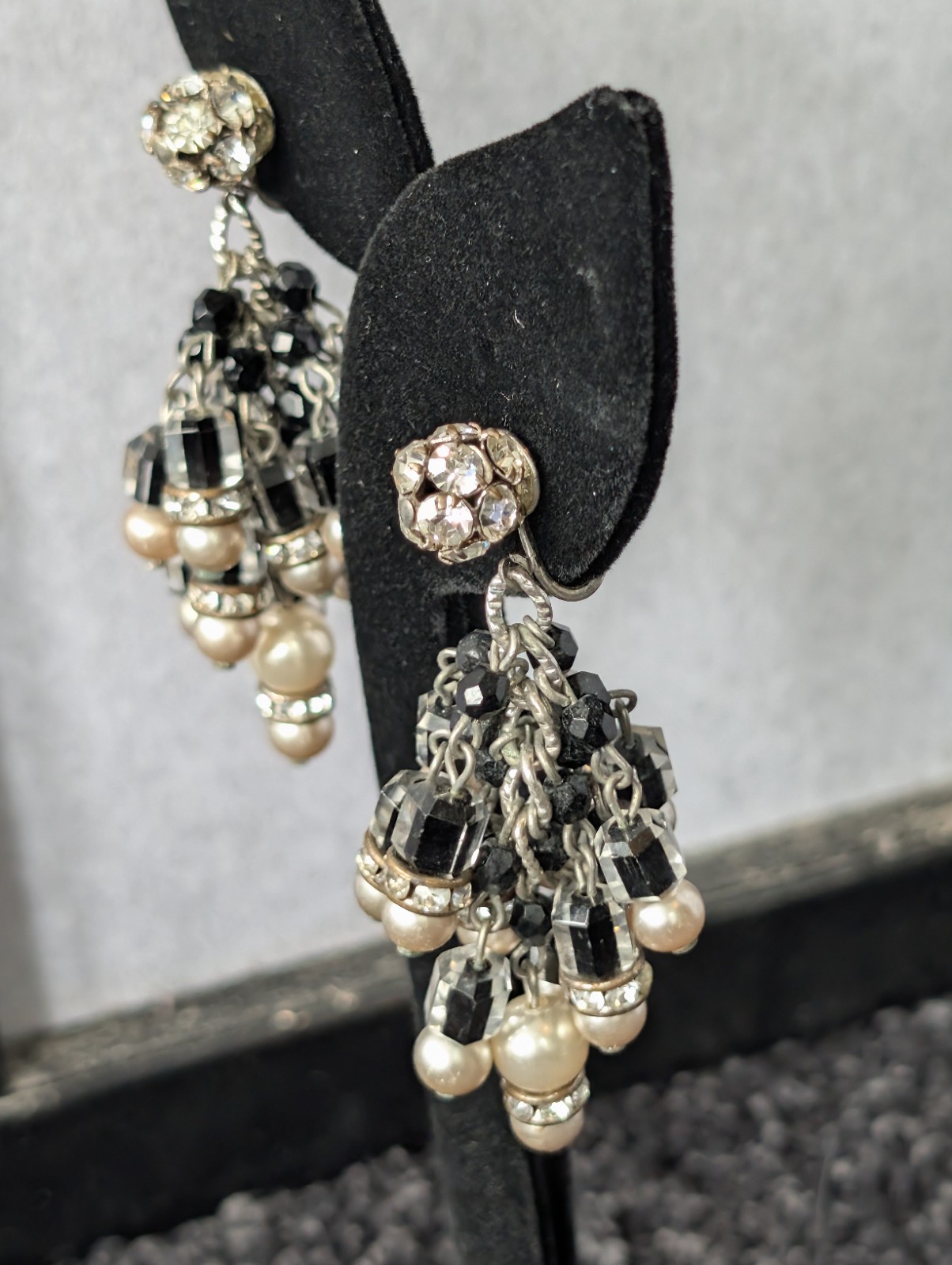 Vintage Vendome? Black & Clear Givre Glass Czech Beads Chandelier Clip Earrings