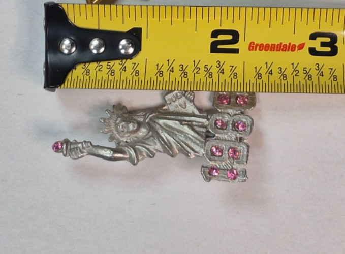 Vintage Statue of Liberty Pewter Pink Rhinestone Brooch Pin 2″