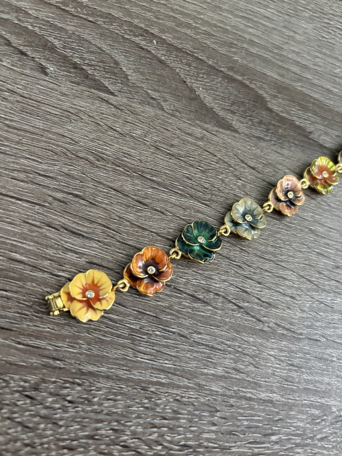 Vintage Joan Rivers Pansy Bracelet Floral Enamel Multicolor Gold Tone