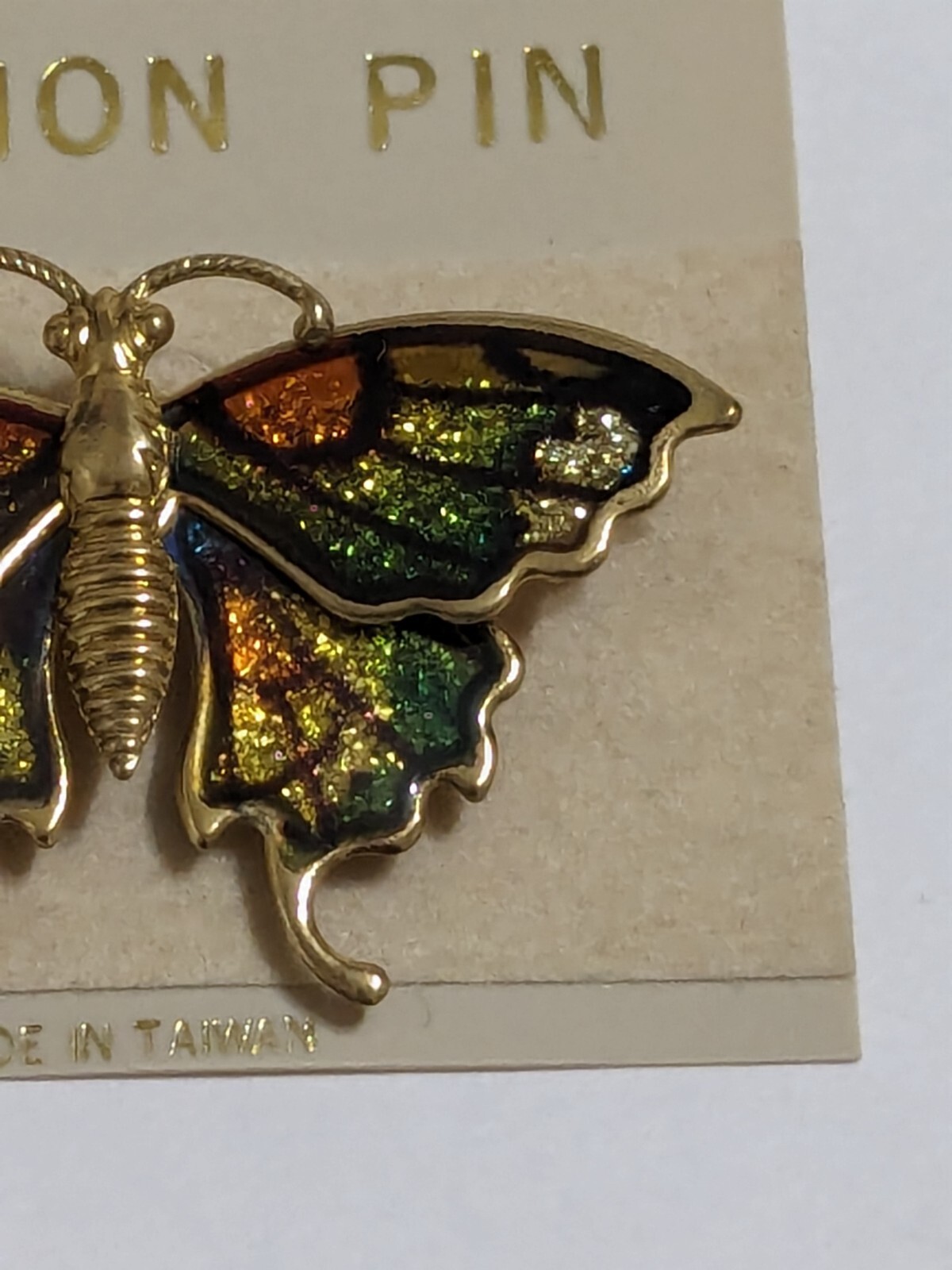 Gold Tone Multi Colored Butterfly Brooch. New. Gold, Brown & Green With Glitter