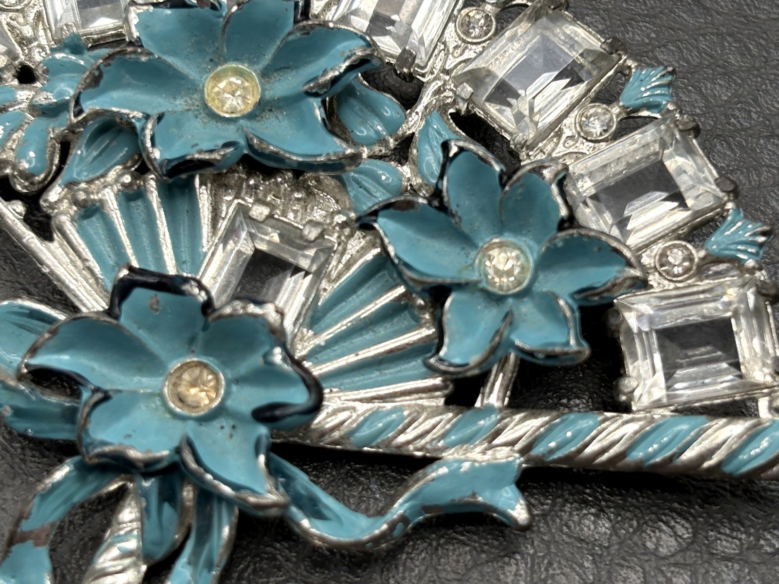 Vintage HUGE Deco Pot Metal Blue Enamel Flower Fan Ribbon Brooch Pin