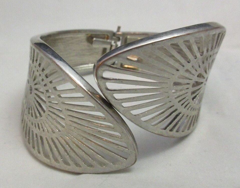 Wide Vintage Hinged Open Work Clamper Cuff Bracelet Silver Tone Wrap Around Look