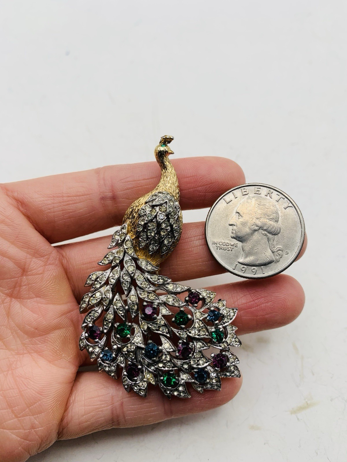 Vintage Signed Panetta Peacock Bird Crystal Gold Tone Blue Purple Green Brooch
