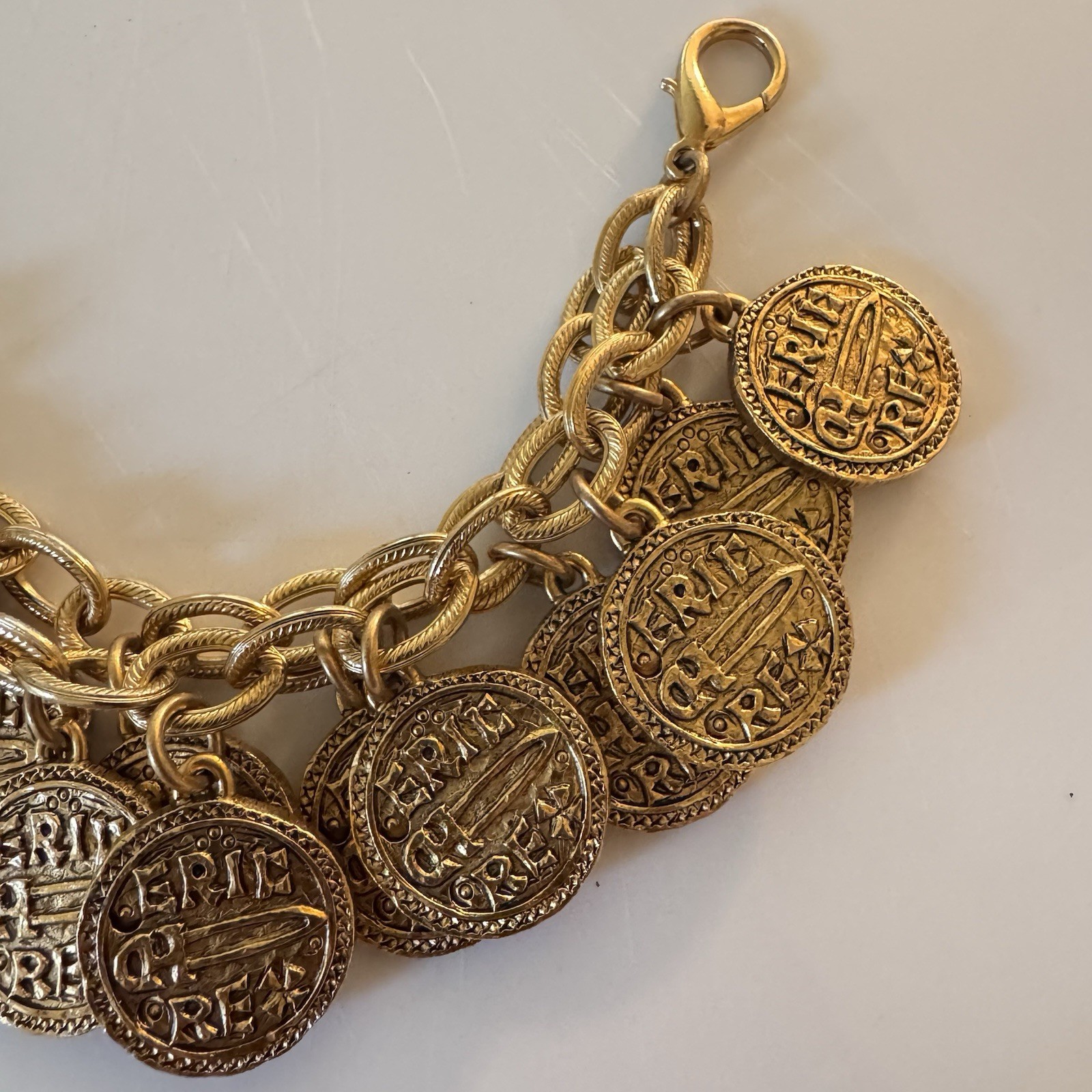 Vintage Stewart Lucas Coin Charm Bracelet, 80s 90s, Etruscan, Byzantine, Signed!