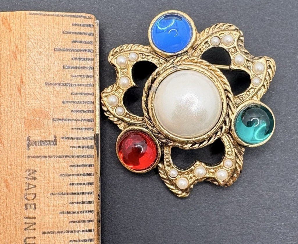 Vintage Faux Pearl Multicolor Jewel Tones Cabochon Open Work Gold Tone Brooch