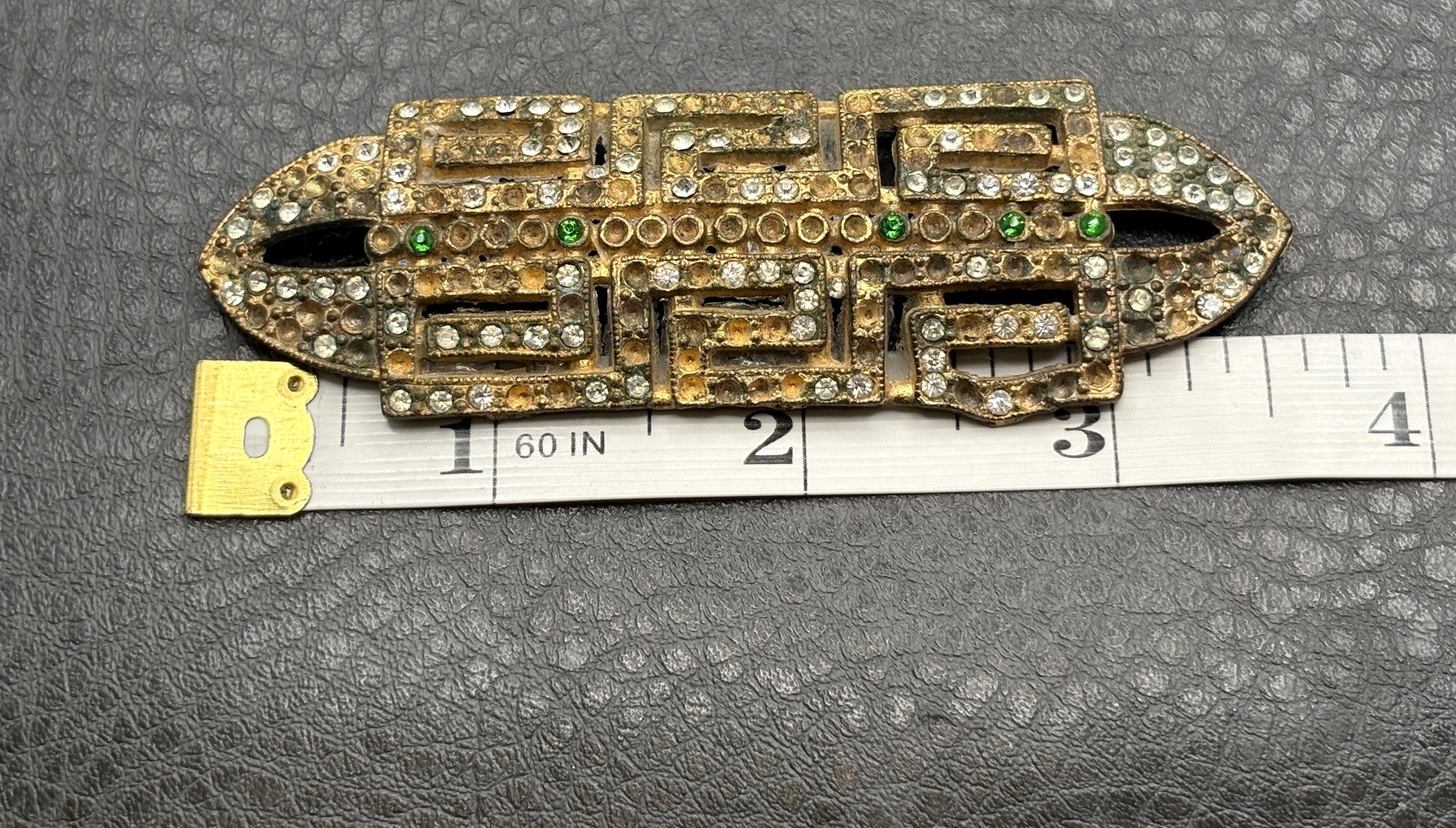 APEX Art Deco Rhinestone Gold Tone Pot Metal Dress Clip Brooch Vintage READ
