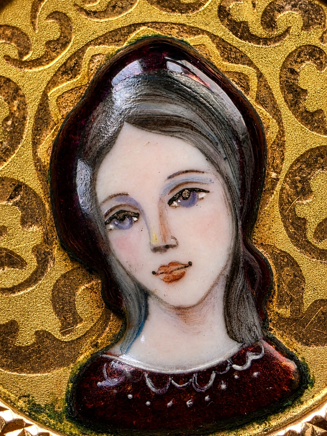 Antique 18K Gold Enamel Virgin Mary Medal Art Deco 1930 Religious Pendant Rare