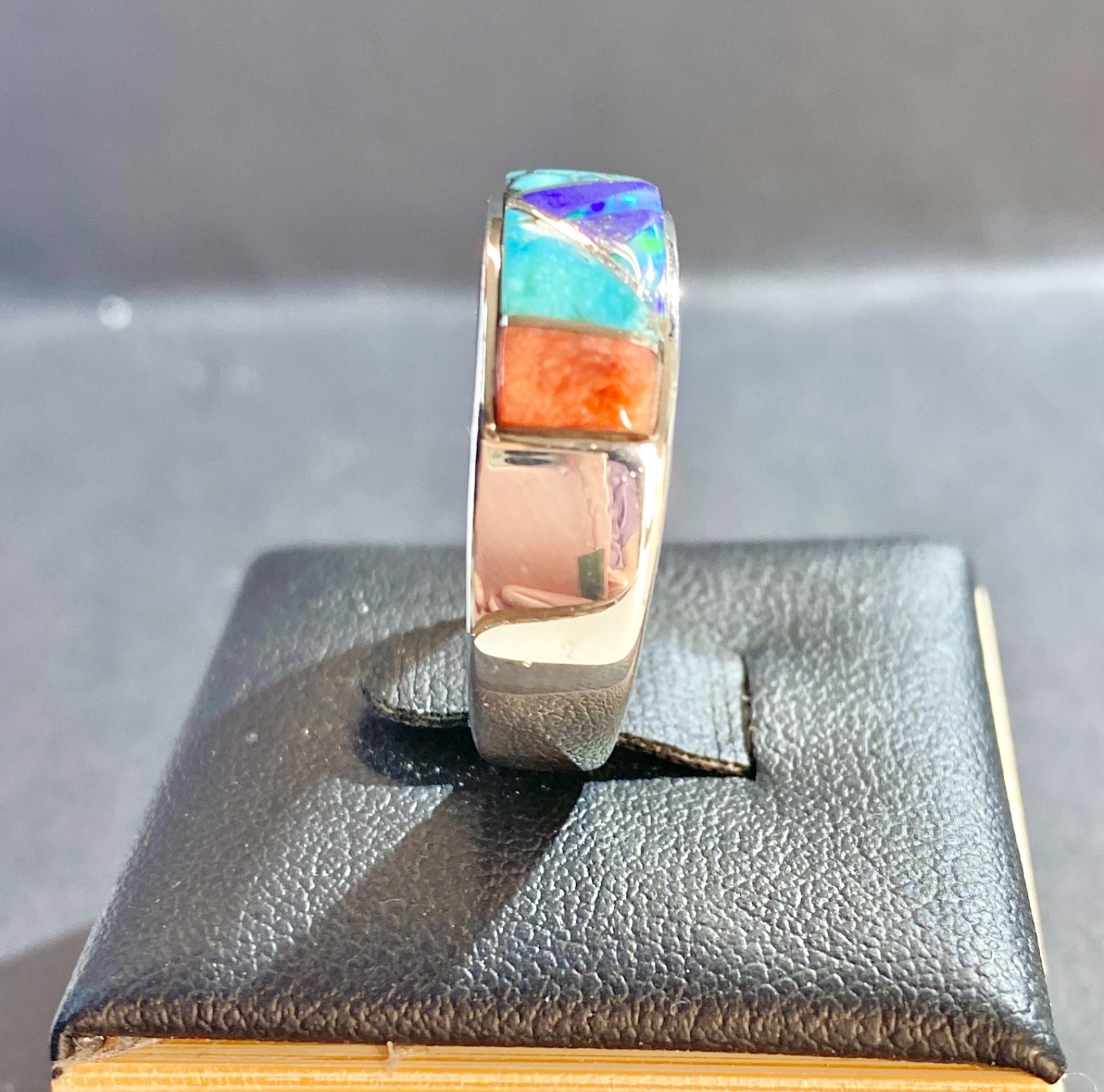 Vintage Sterling Navajo Earl Plummer Multi-Stone Channel Inlay Ring Size 7.5