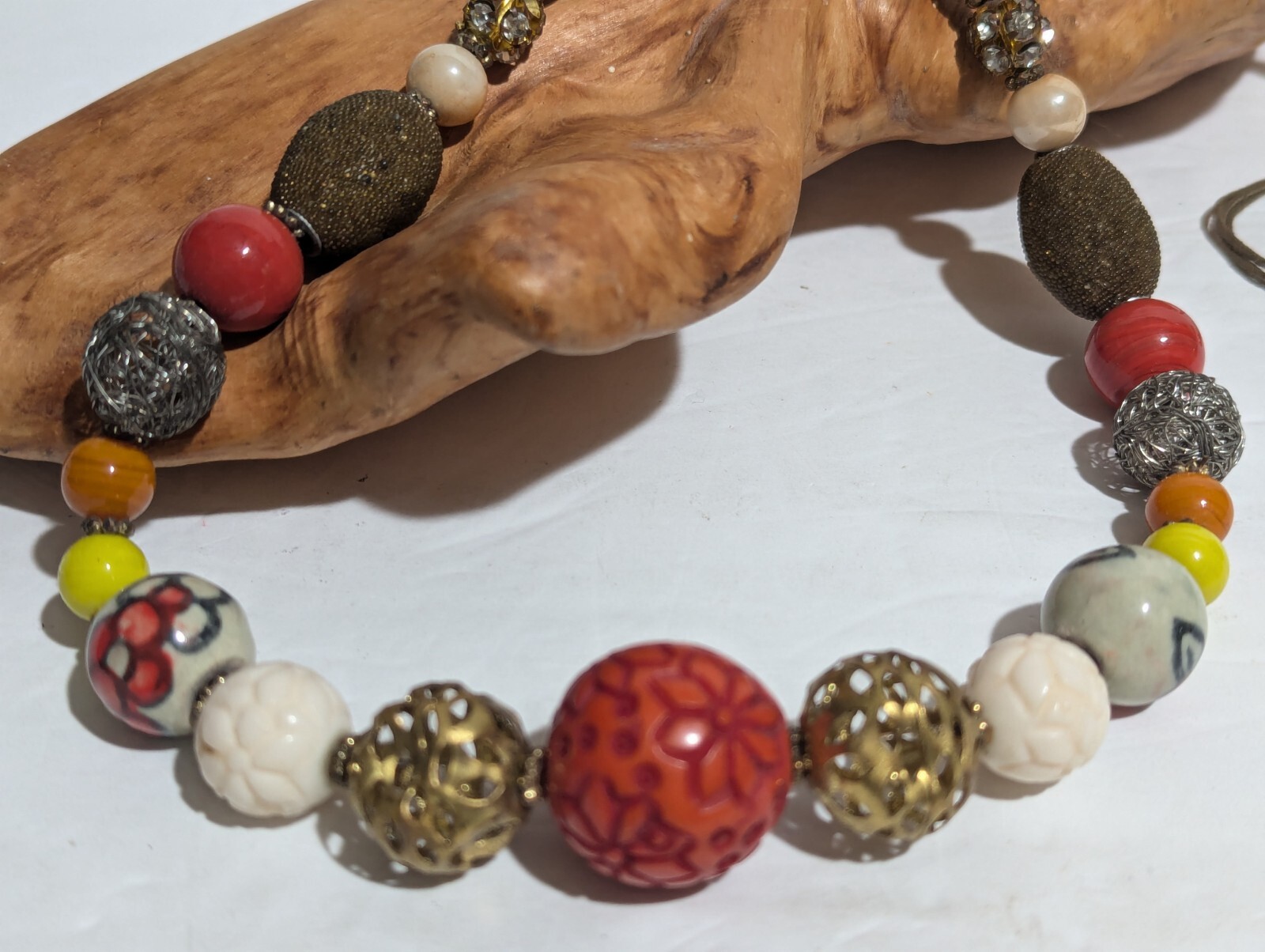 Asian Inspired 34” Long Beaded Necklace Ceramic Beads Rhinestones Wood and Glass