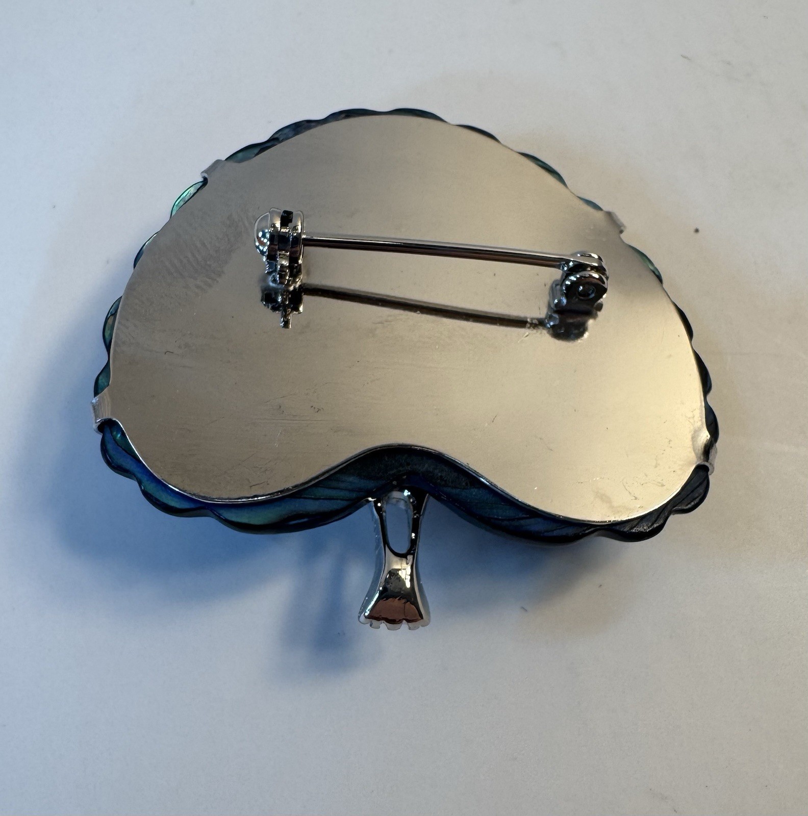 Peacock Brooch Pin Blue & Silver Tone Enamel Abalone Shell Finish