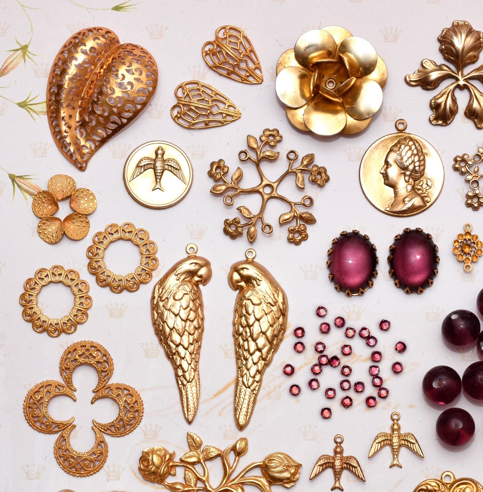 Vintage Lot Miriam Haskell Jewelry Parts Stampings Brooch Finding Necklace Beads