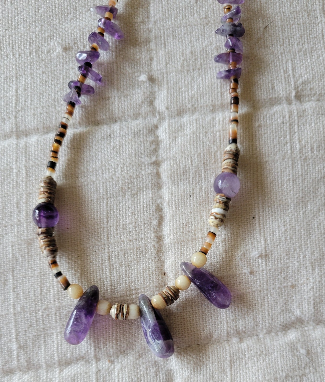 Handmade Chevron Amethyst Heishi Bead Necklace Vintage Earthy Boho Natural