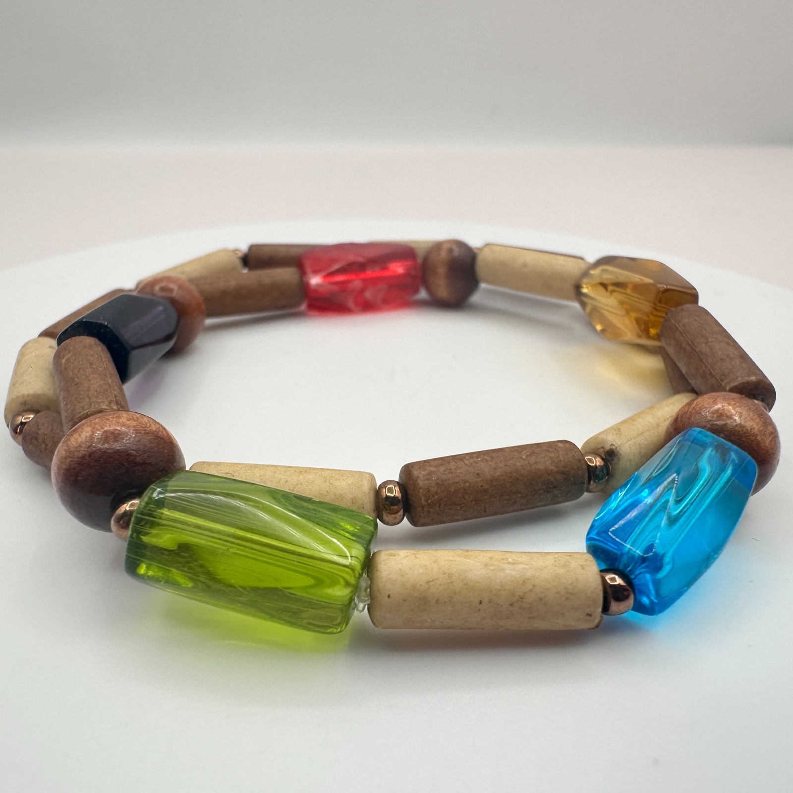 Vintage 90s Glass & Wood Bead Bracelets Set Boho Earthy Women’s Fashion Jewelry