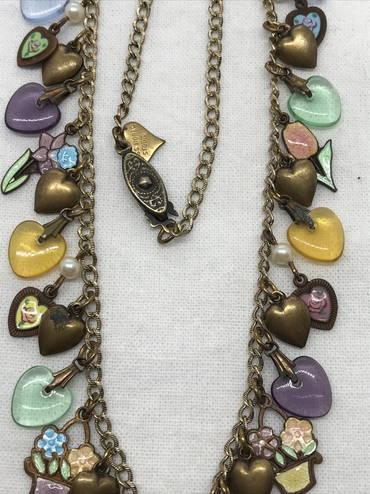 Vintage Glass Works Studio Glass & Brass Charms in Multi Colors Necklace 18