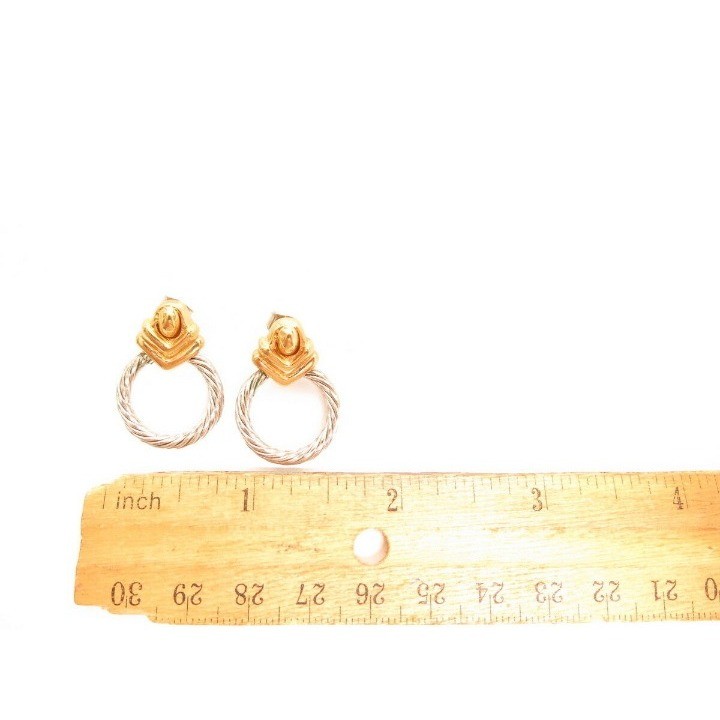 Vintage Two Tone Yellow White Gold Plated Celtic Cable Circle Earrings