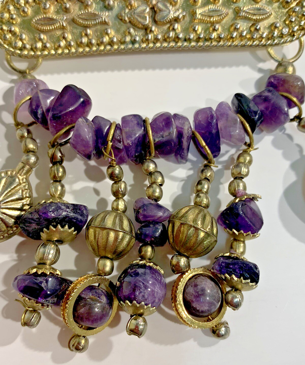 Estate Vintage Amethyst Rocks & Dangle Brass Beads Bar Brooch Pin 2.5″ x 3″