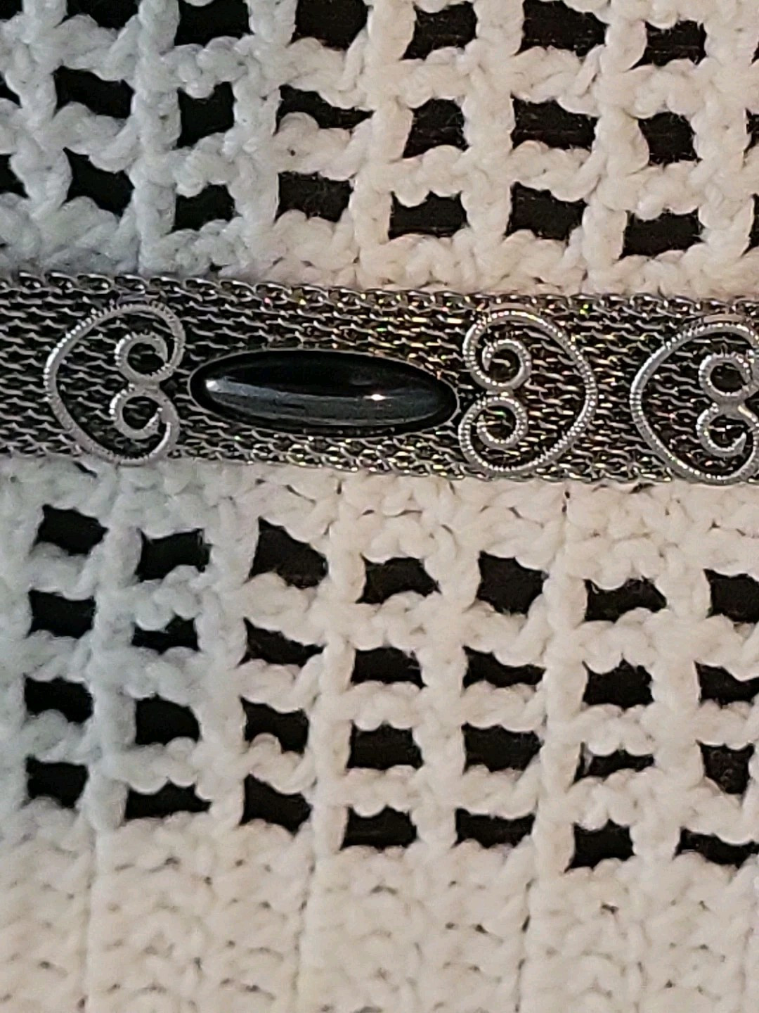 Vtg Silver Tone Mesh Chain Belt Bracelet Dark Gray Accent Adjustable 1960s