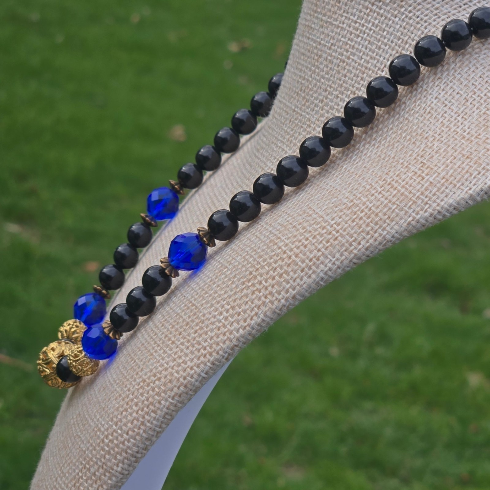 Vintage 1928 Necklace Black Blue Glass Beads Gold Tone Filigree Victorian style