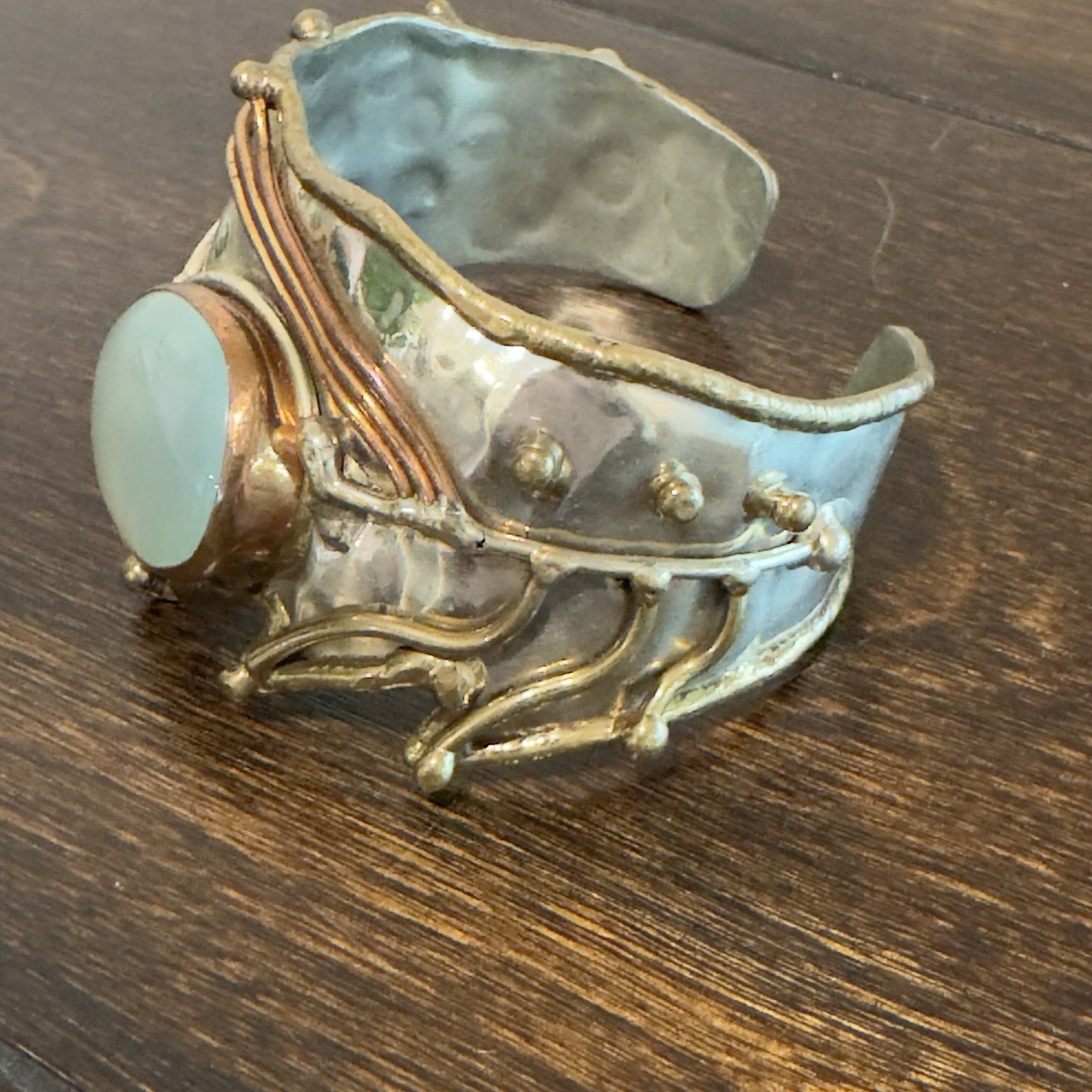 Vintage Brass Silver Mixed Metal Artisan WIDE Cuff MCM Brutalist Boho Bracelet