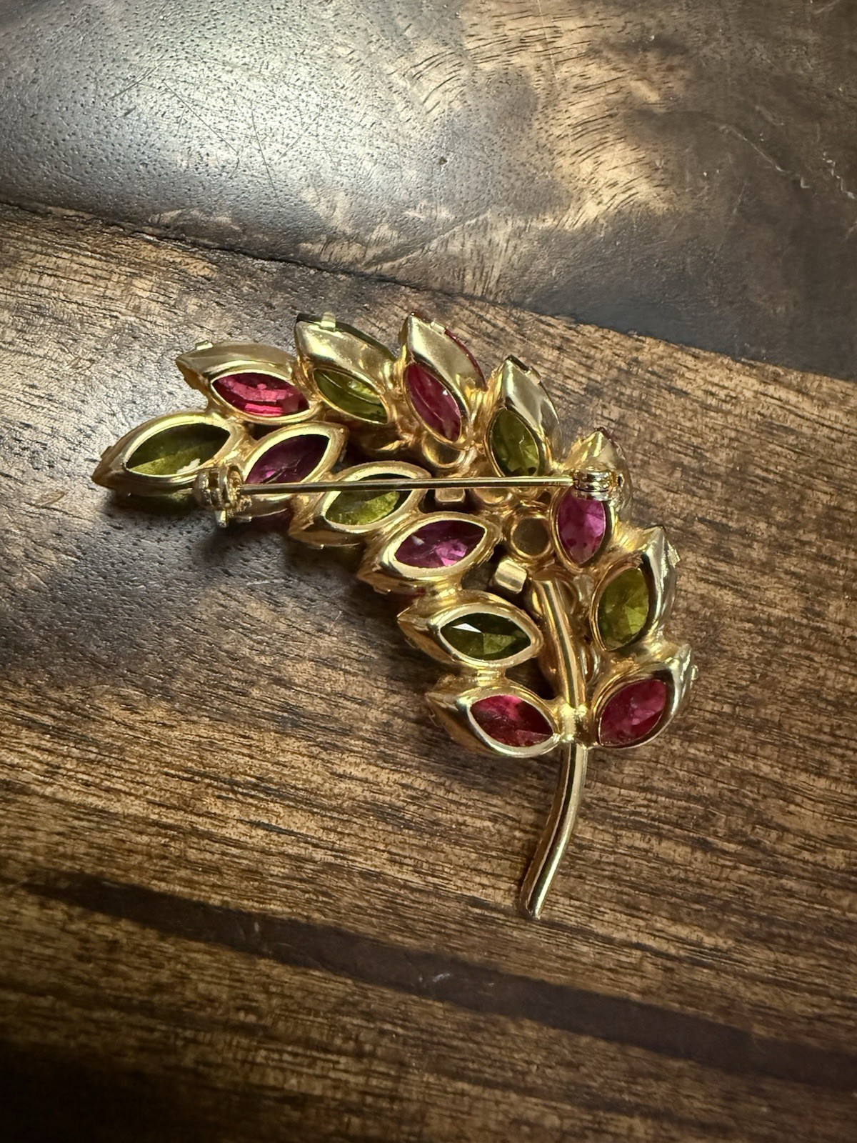 Vintage Gold Tone Domed Leaf Pin/Brooch w/ Pink and Green Prong Set Glass Stones