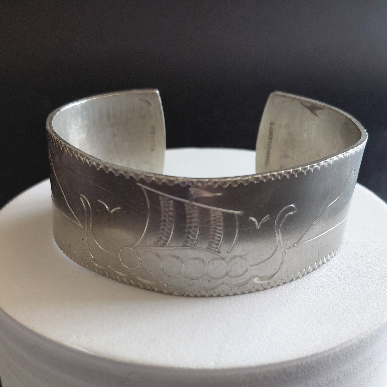 E. Christophersen Viking Ship Cuff Bracelet Norway Pewter Signed Vintage