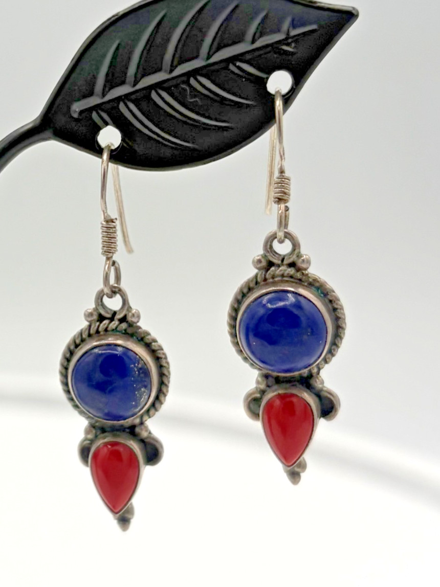 Vintage Southwest Sterling 925 Lapis Lazuli Red Coral Pendant Dangle Earring Set
