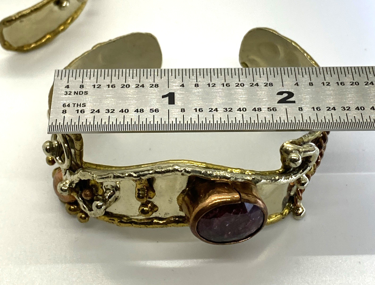 Lot 2 Artisan Brutalist 1″ Cuff Bracelets Silver-tone Brass Copper Natural Stone