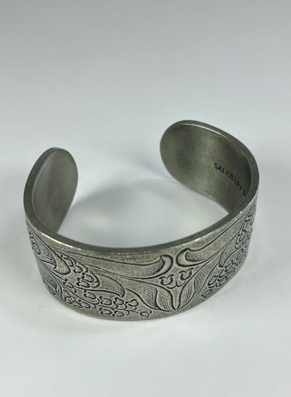 SALISBURY Pewter Cuff Bracelet MAY Birth Flower Lily of the Valley Engraved VTG